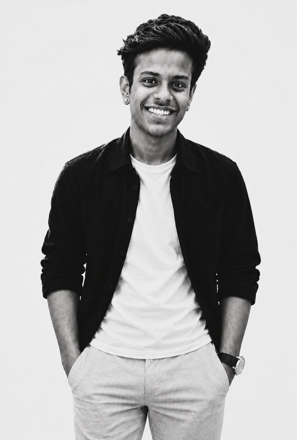 Rameshwar in a black jacket and white t-shirt